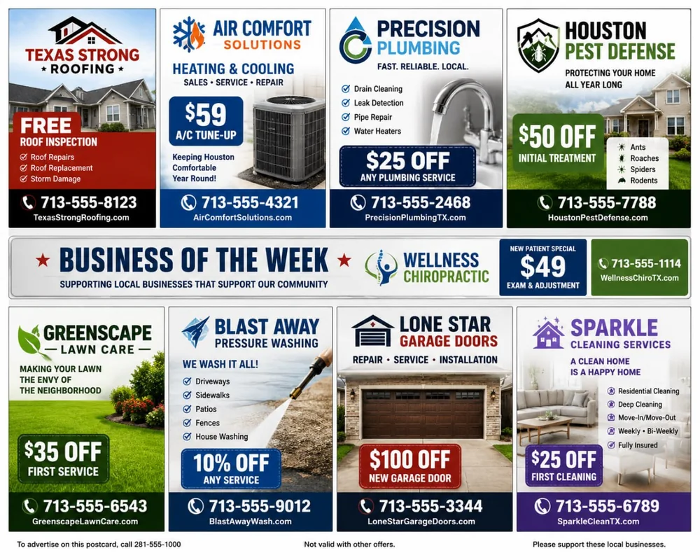 Example of a crowded shared postcard with many competing ad slots