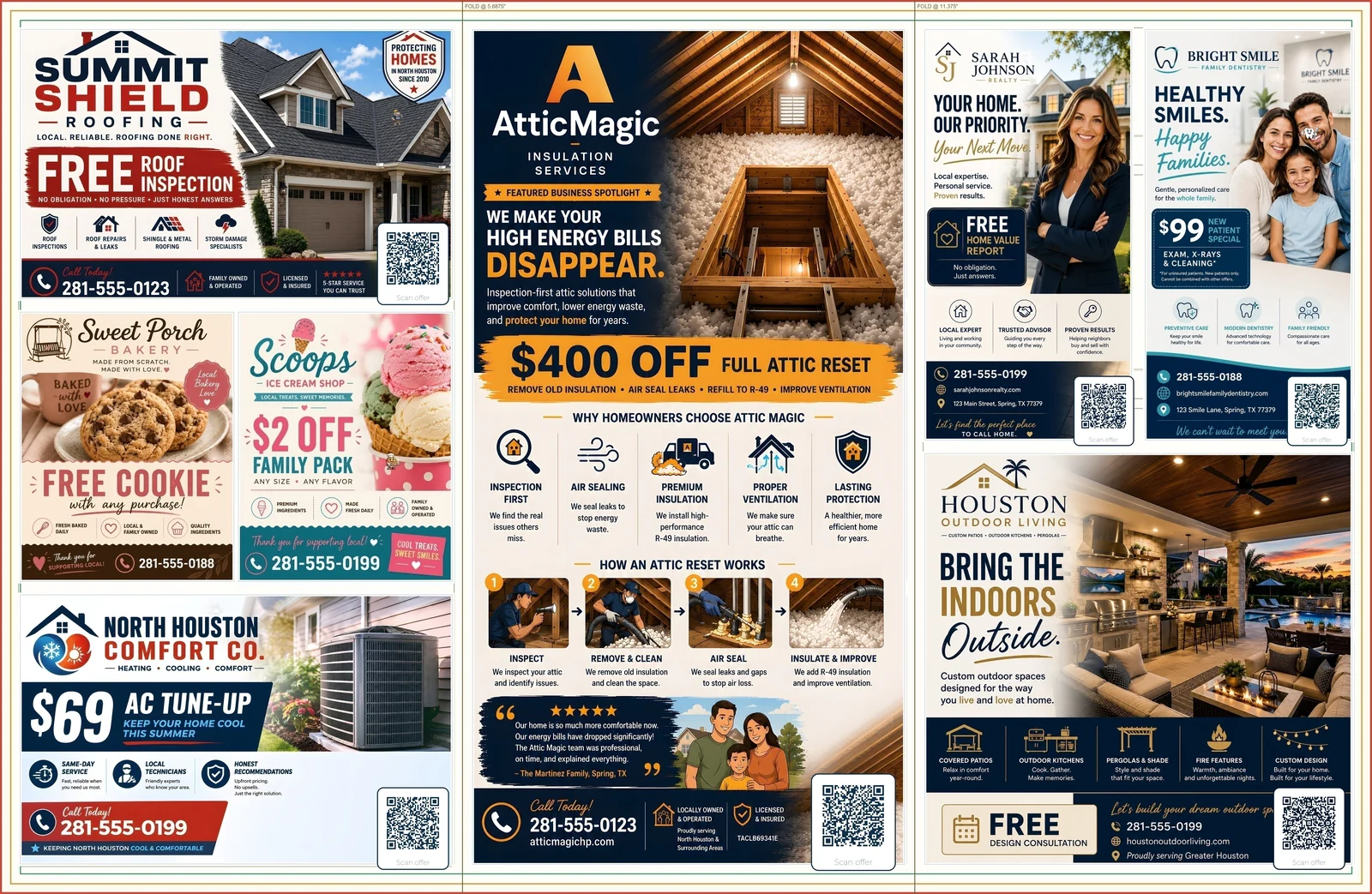 Houston Local Network inside sponsor spread with ads, hidden mascots, and QR codes