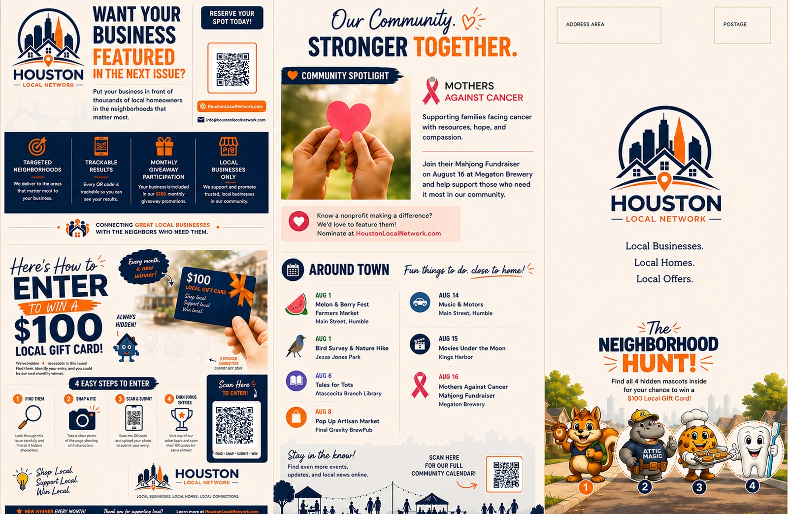 Houston Local Network outside Z-fold sample with cover, community panel, and advertiser CTA